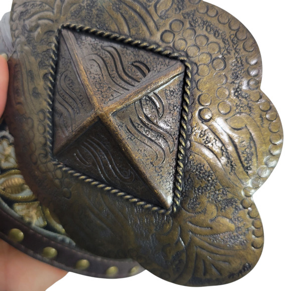 Chicos Chunky Embellished Leather Belt Brown Etched Buckle Stud Embroidery Small - Picture 4 of 11